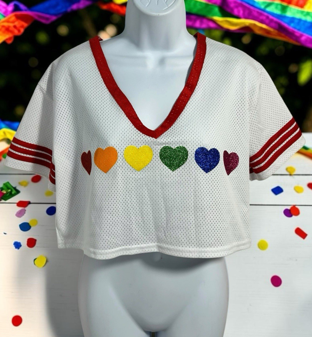 Spencer's Pride Jersey Mesh Crop Top Sz Small Rainbow Glitter Hearts Shirt Love